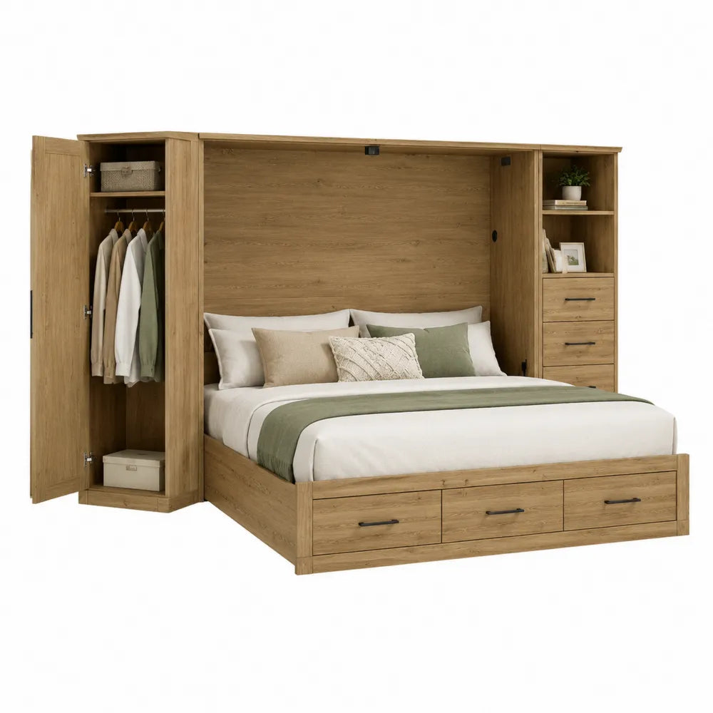 Letto matrimoniale con armadio integrato in MDF effetto rovere naturale con cassetti e vano contenitore struttura multifunzione 240 cm 55 cm 220 cm