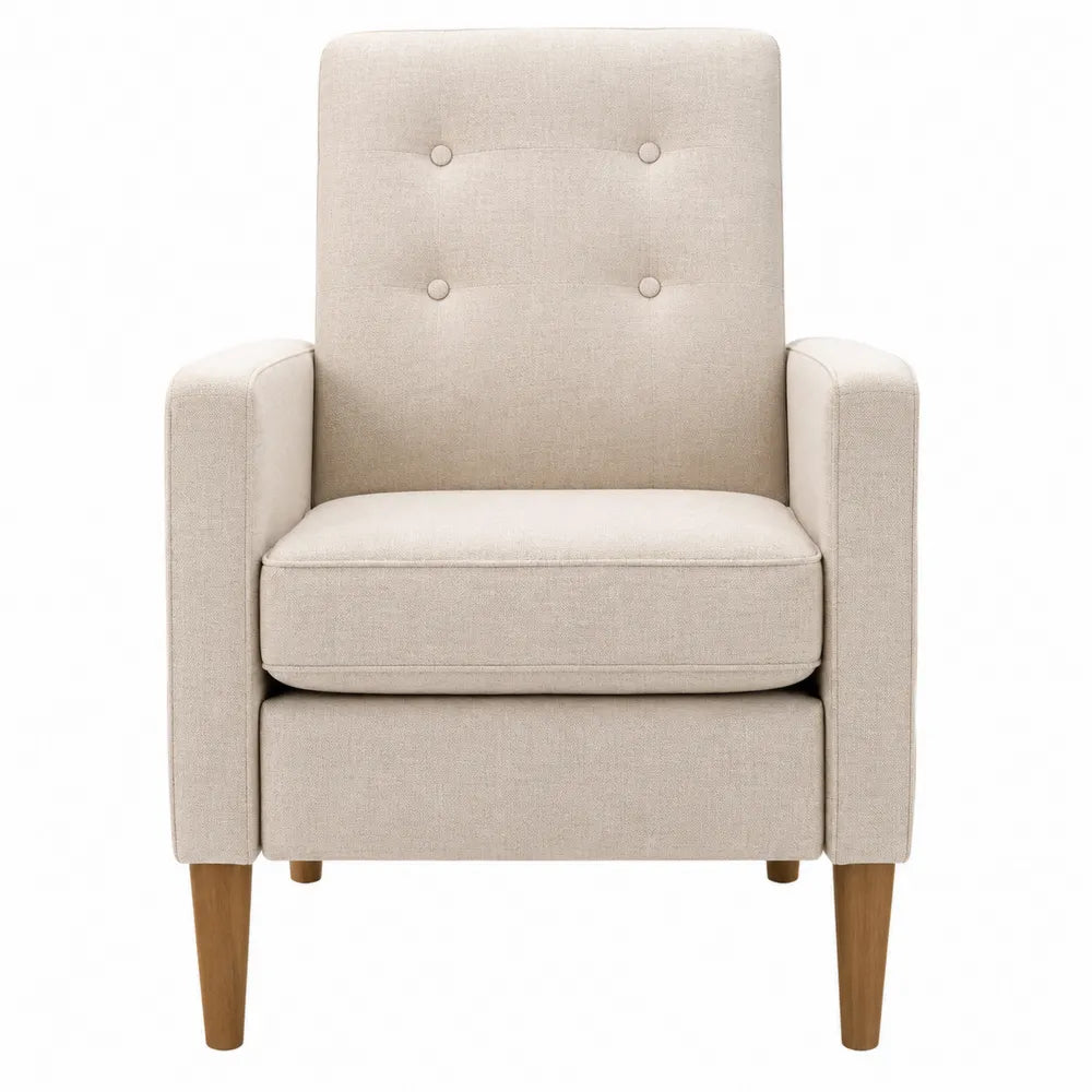 Poltrona imbottita in tessuto poliestere schienale con bottoni gambe in legno massello colore beige dimensioni 70 cm 70 cm 85 cm