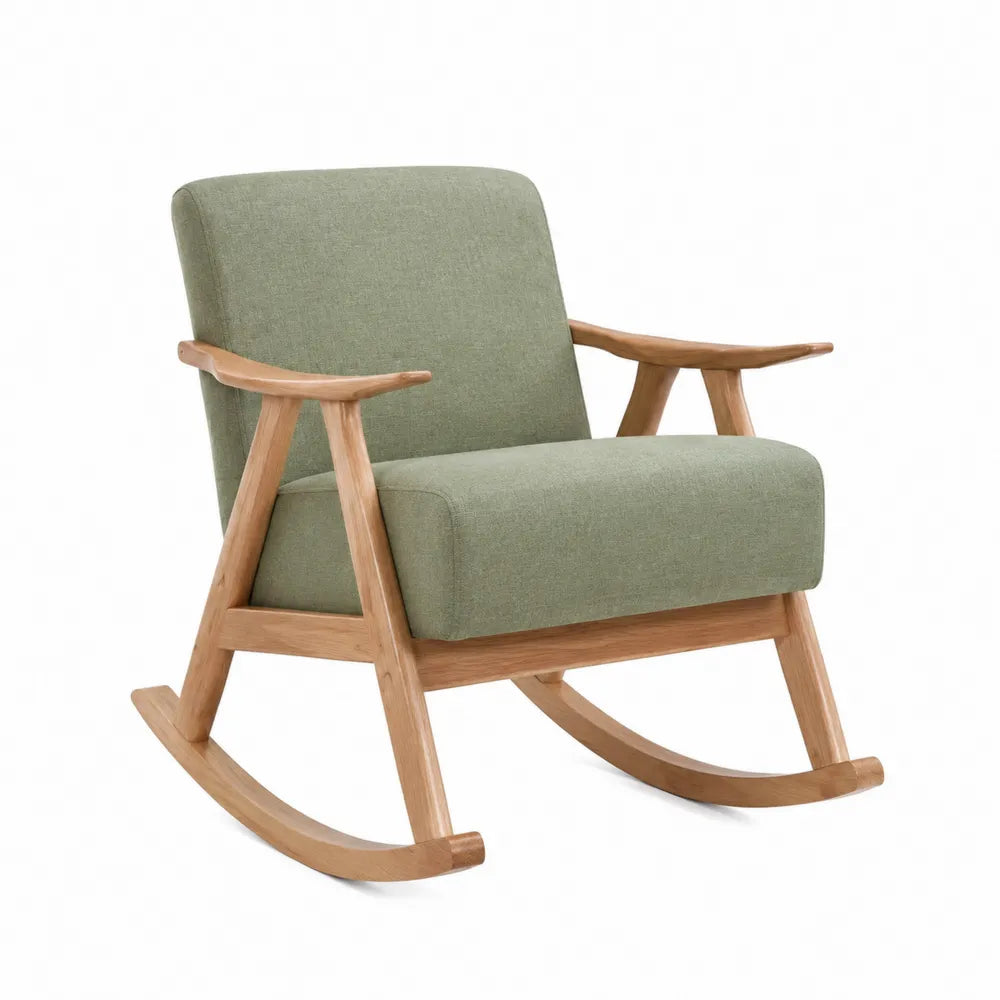 Poltrona a dondolo in tessuto verde con struttura in legno massello di faggio 70 x 80 x 95 cm
