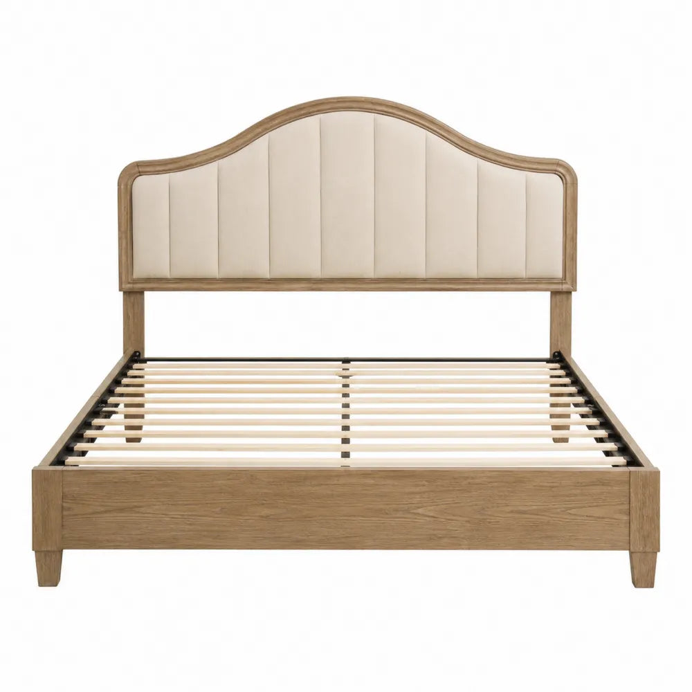 Letto matrimoniale 160 x 200 cm struttura in truciolare effetto rovere e MDF testiera imbottita curva rivestimento tessuto poliestere beige rete a doghe in legno