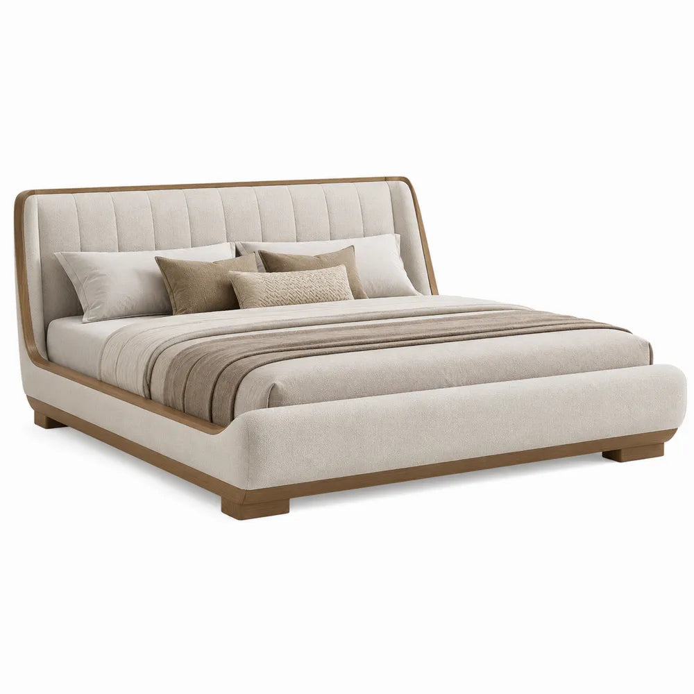 Letto matrimoniale imbottito 160 x 200 cm con testiera curva rivestita in tessuto struttura in legno e MDF colore beige e legno naturale