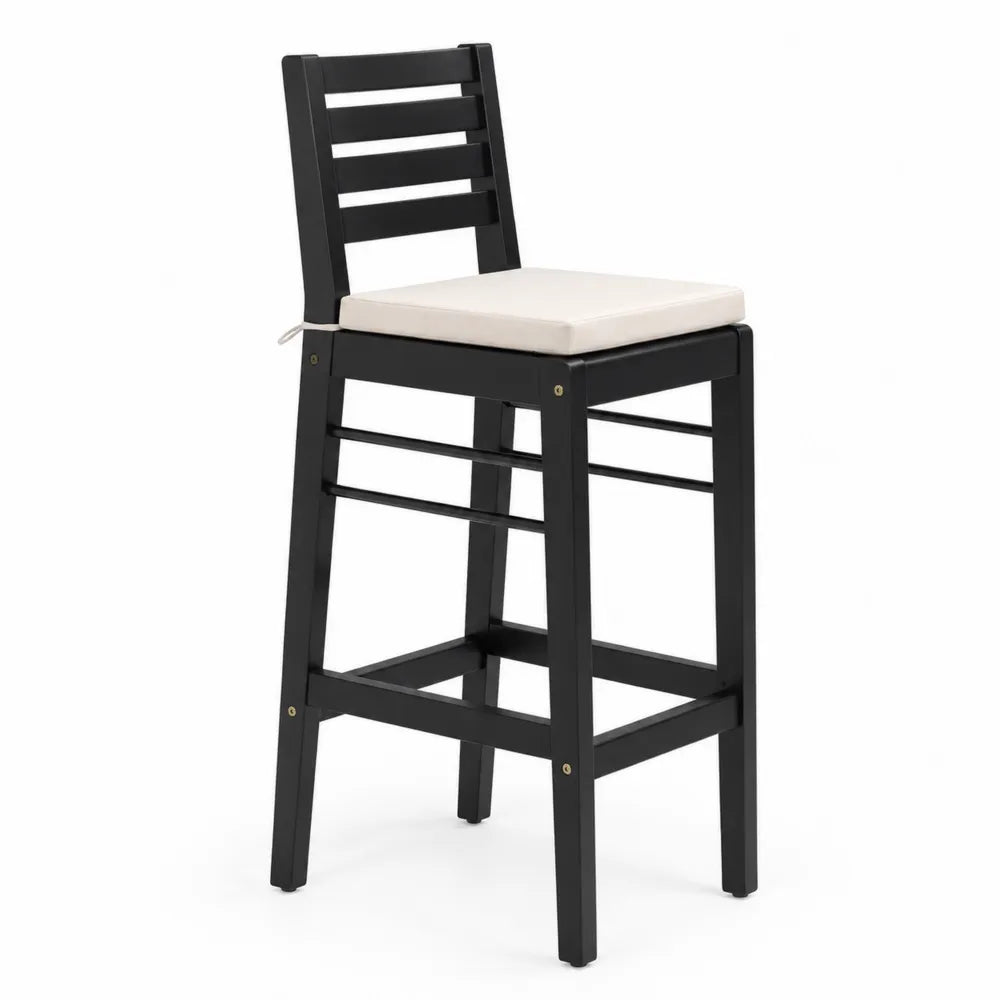 Sgabello da esterno con schienale 105 cm in acciaio verniciato a polvere nero seduta con cuscino in poliestere Oxford colore nero e beige altezza seduta 75 cm