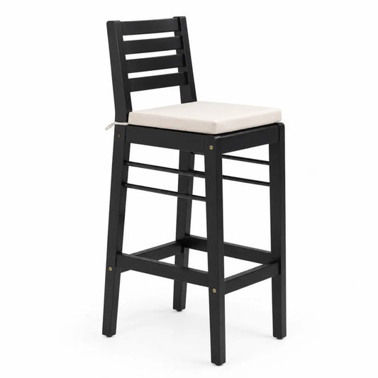Sgabello da esterno con schienale 105 cm in acciaio verniciato a polvere nero seduta con cuscino in poliestere Oxford colore nero e beige altezza seduta 75 cm