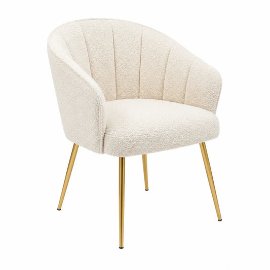 Poltrona lounge imbottita rivestimento bouclé beige struttura in compensato multistrato gambe in acciaio dorato 68 cm x 66 cm x 74 cm