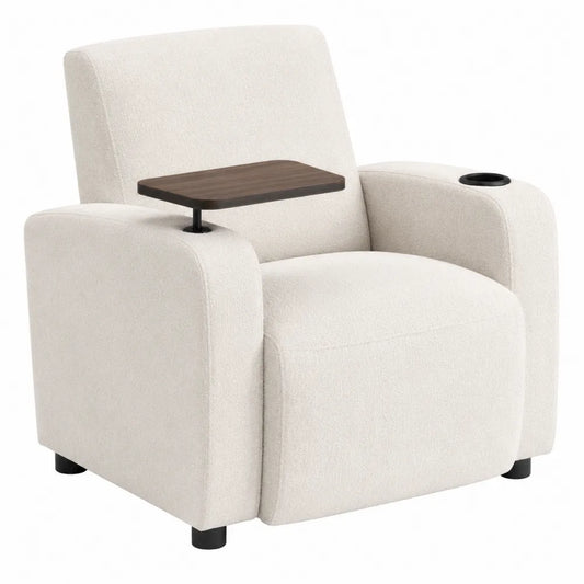 Poltrona con tavolino laterale e portabicchiere in tessuto imbottito struttura in metallo e legno 85 x 80 x 100 cm colore beige nero legno naturale