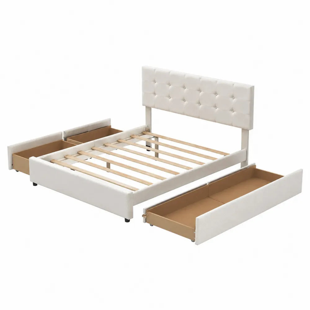 Letto matrimoniale contenitore 160x200 cm con cassetti struttura in MDF bianco testiera imbottita e rete a doghe in legno