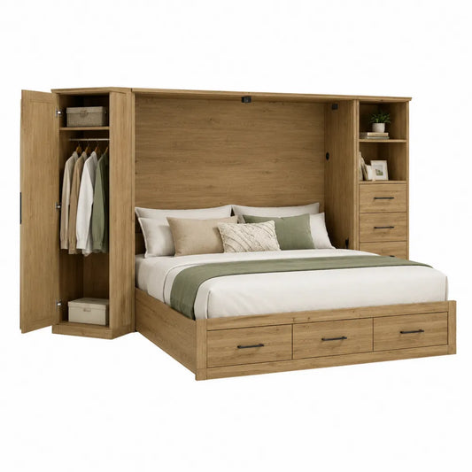 Letto matrimoniale con armadio integrato in MDF effetto rovere naturale con cassetti e vano contenitore struttura multifunzione 240 cm 55 cm 220 cm