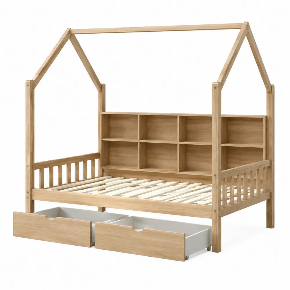 Letto a casetta per cameretta 90 x 200 cm in legno massiccio di pino con testiera a scaffali e 2 cassetti struttura colore legno naturale