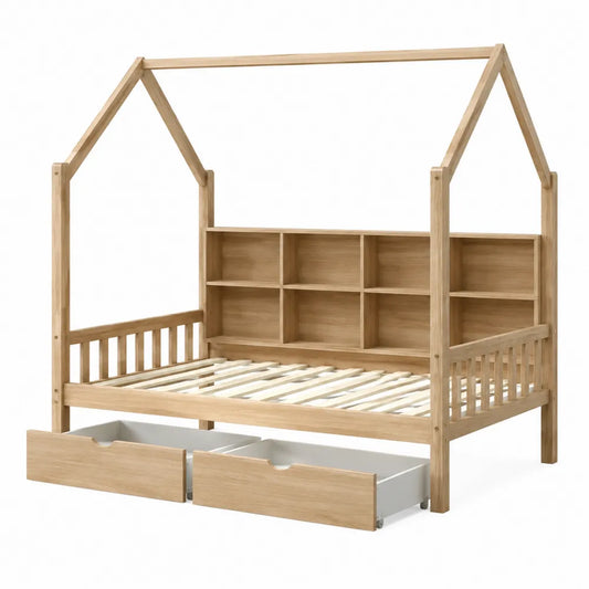 Letto a casetta per cameretta 90 x 200 cm in legno massiccio di pino con testiera a scaffali e 2 cassetti struttura colore legno naturale