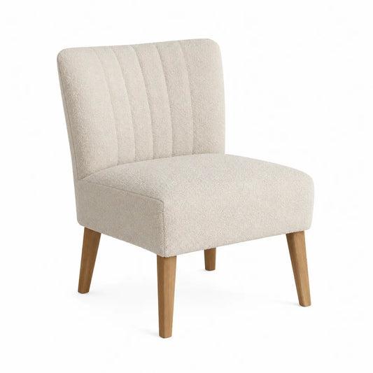 Sedia imbottita rivestimento bouclé schienale a canali gambe in legno massello faggio beige 56 cm x 60 cm x 78 cm