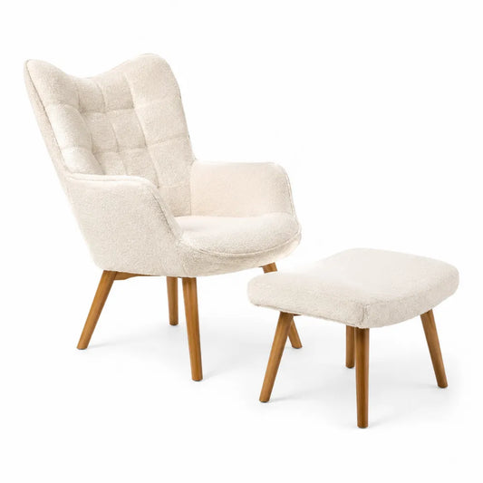 Poltrona con pouf in tessuto bouclé beige struttura in legno massello di faggio dimensioni 75 x 70 x 85 cm con poggiapiedi 50 x 40 x 40 cm
