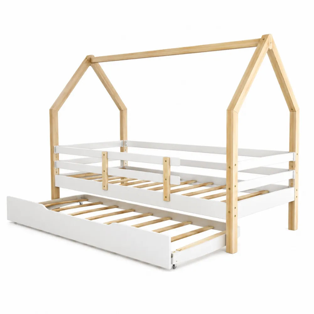 Letto singolo a casetta con letto estraibile e cassetti in legno e MDF struttura bianco e legno naturale con rete a doghe