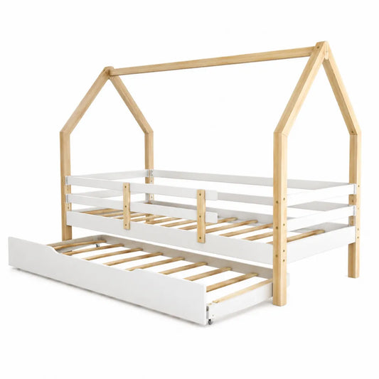 Letto singolo a casetta con letto estraibile e cassetti in legno e MDF struttura bianco e legno naturale con rete a doghe