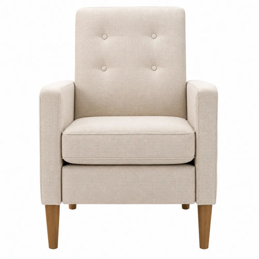 Poltrona imbottita in tessuto poliestere schienale con bottoni gambe in legno massello colore beige dimensioni 70 cm 70 cm 85 cm