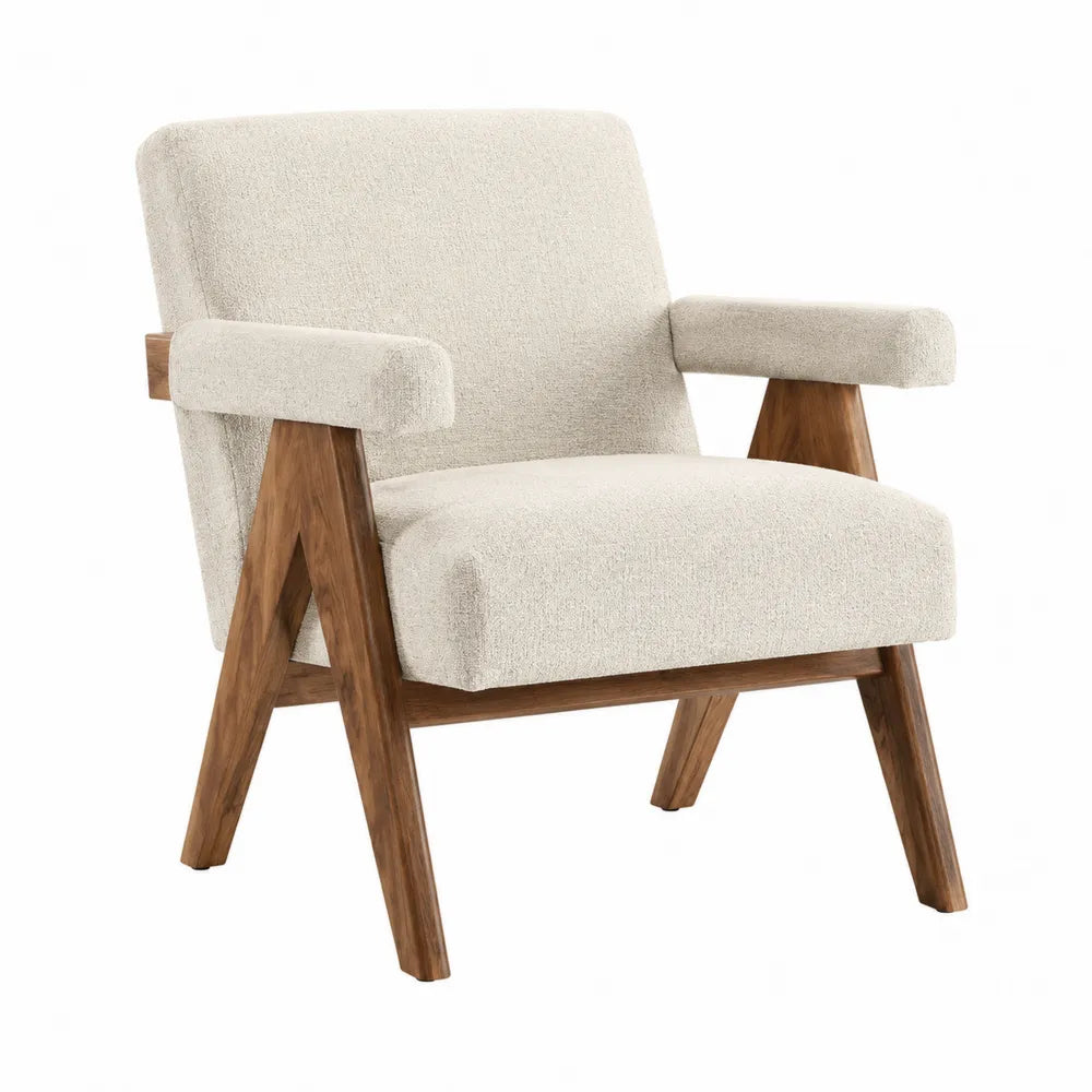 Poltrona con braccioli in tessuto bouclé colore avorio struttura in legno effetto noce dimensioni 75 x 80 x 78 cm