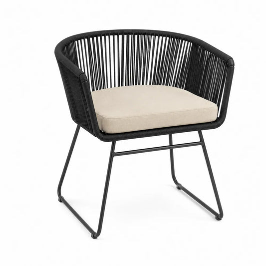 Sedia da esterno in corda intrecciata con struttura in acciaio nero e cuscino imbottito beige 60 cm x 60 cm x 75 cm circa