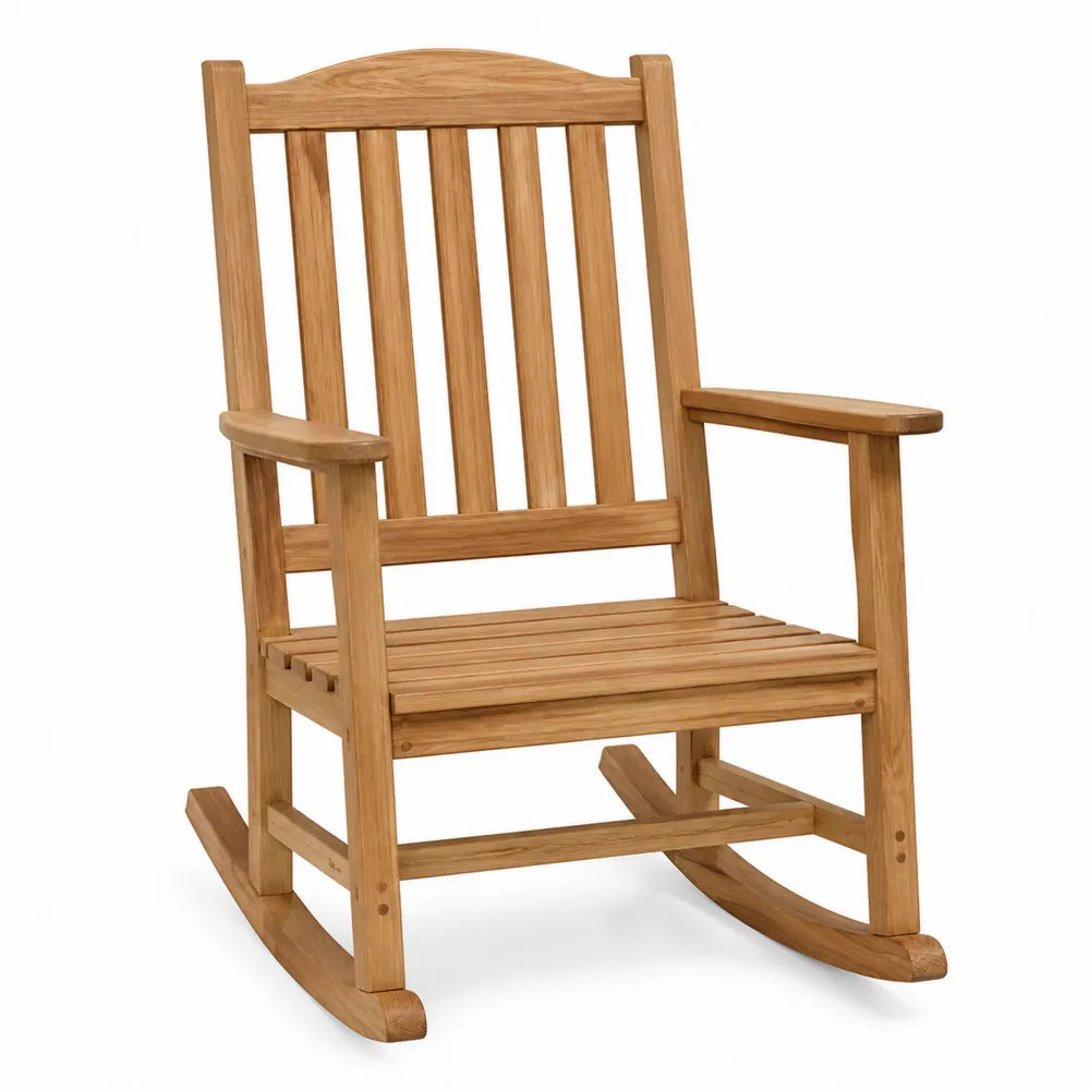 Sedia a dondolo da esterno in legno massello colore legno naturale struttura a doghe con braccioli dimensioni circa 65 x 85 x 110 cm