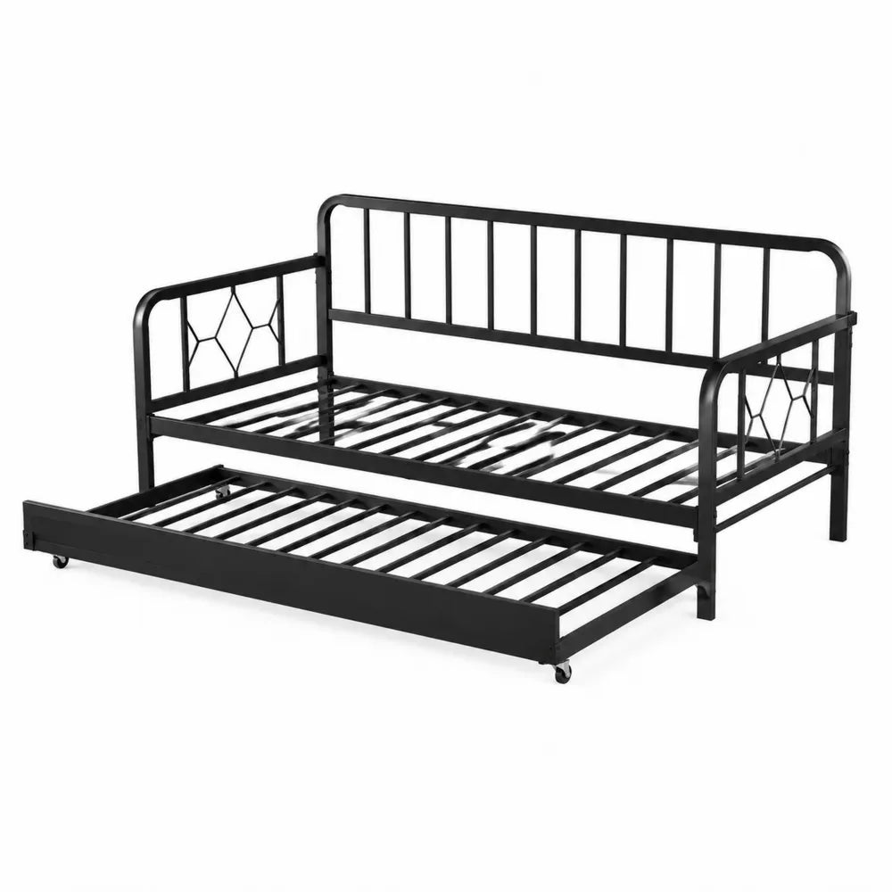 Letto singolo in metallo nero con letto estraibile su ruote e rete a doghe 90 x 200 cm struttura rettangolare per camera da letto