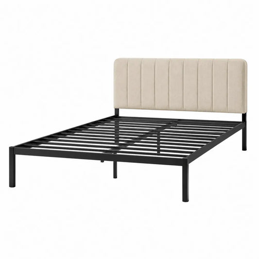 Letto matrimoniale 160 x 200 cm con rete a doghe in metallo acciaio nero testiera imbottita in tessuto poliestere beige struttura in acciaio verniciato a polvere