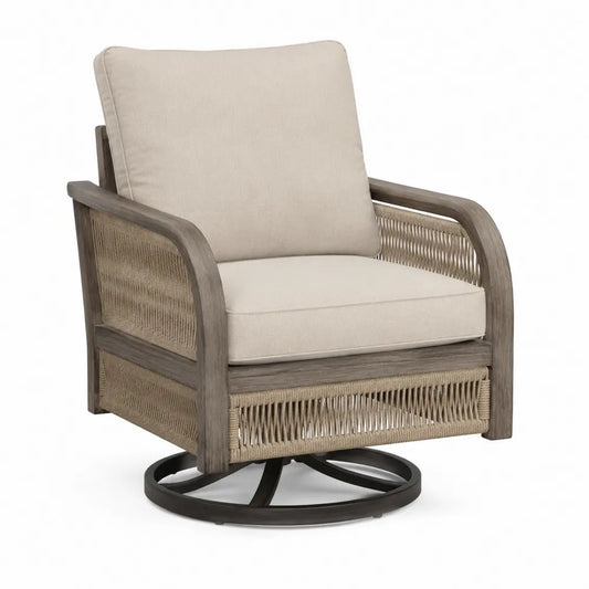 Poltrona da esterno girevole 80 cm in legno e acciaio con intreccio in corda seduta con cuscino colore beige base rotante nera