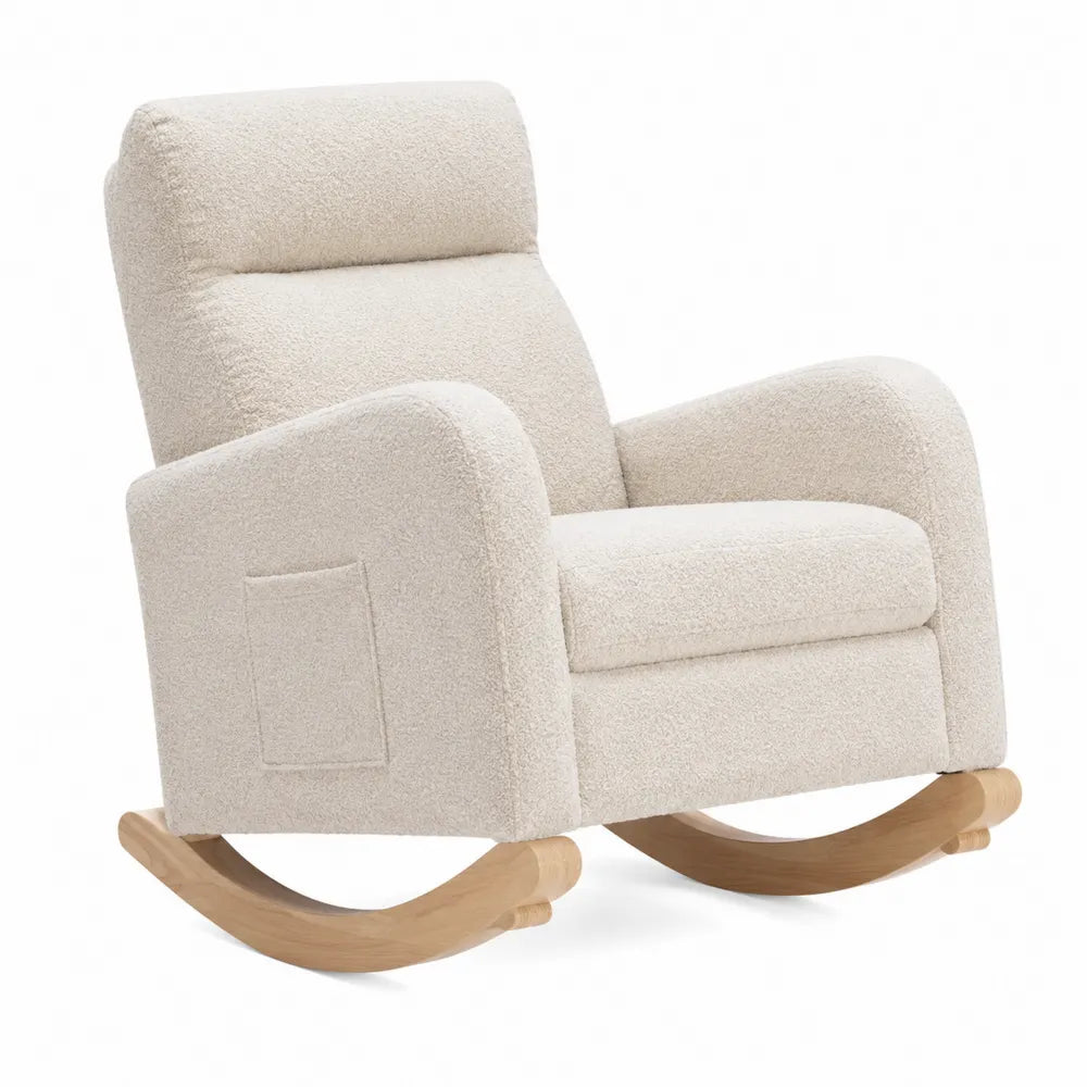 Poltrona a dondolo imbottita in tessuto poliestere schienale alto base in legno massello colore beige dimensioni 75 cm 80 cm 95 cm