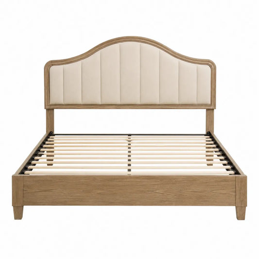 Letto matrimoniale 160 x 200 cm struttura in truciolare effetto rovere e MDF testiera imbottita curva rivestimento tessuto poliestere beige rete a doghe in legno