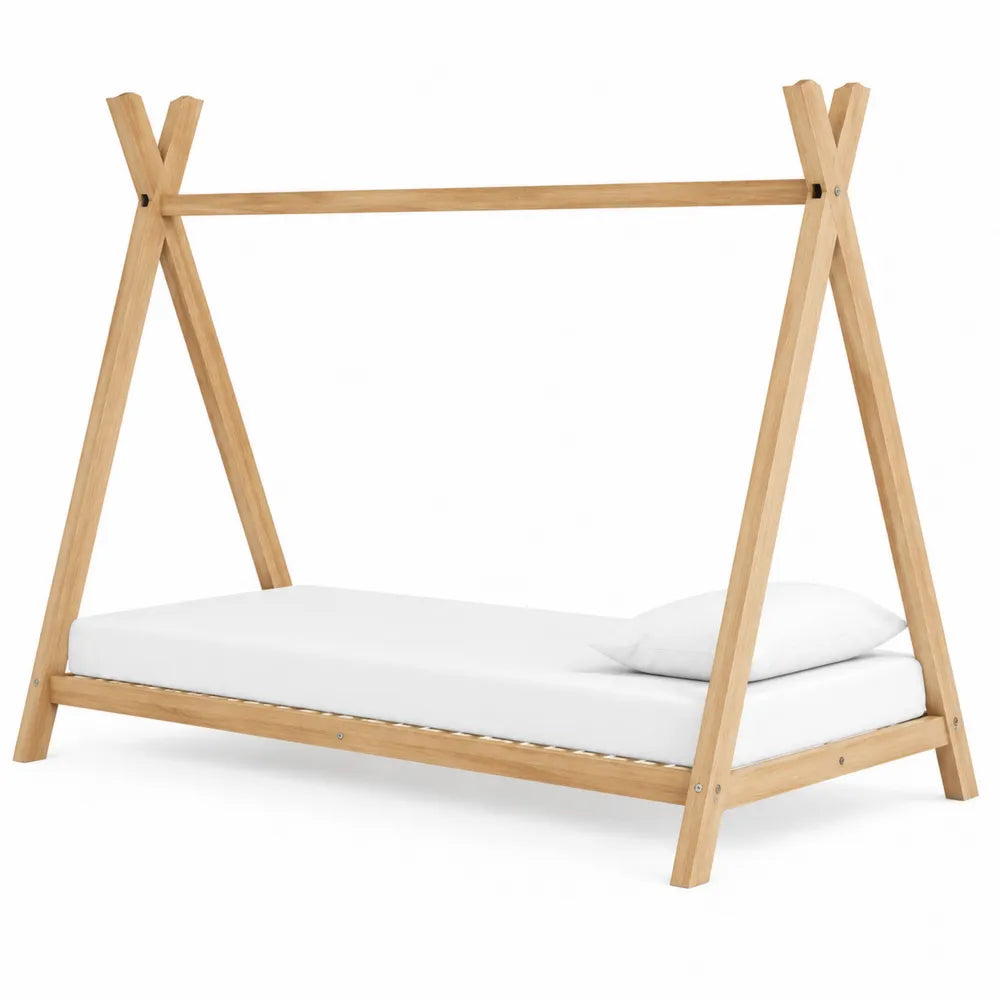 Letto a baldacchino in legno massiccio 90 x 200 cm struttura in legno naturale con rete a doghe in legno design a tenda montanti a telaio