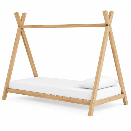 Letto a baldacchino in legno massiccio 90 x 200 cm struttura in legno naturale con rete a doghe in legno design a tenda montanti a telaio