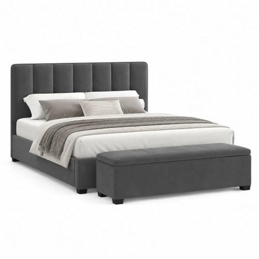 Letto matrimoniale 160 x 200 cm in tessuto grigio con testiera imbottita e panca coordinata struttura in legno ingegnerizzato