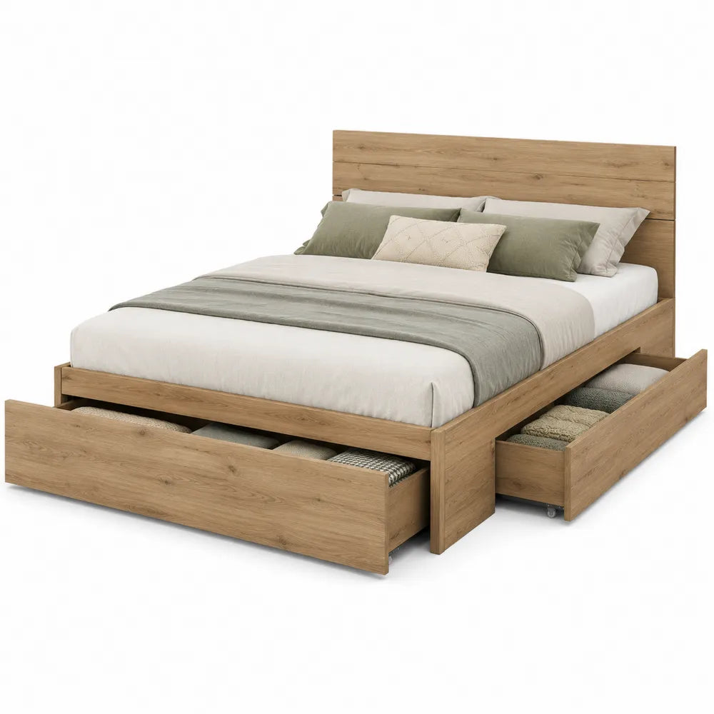 Letto matrimoniale 160 x 200 cm in truciolare melaminico effetto rovere con testiera rigida e due cassetti estraibili struttura contenitore